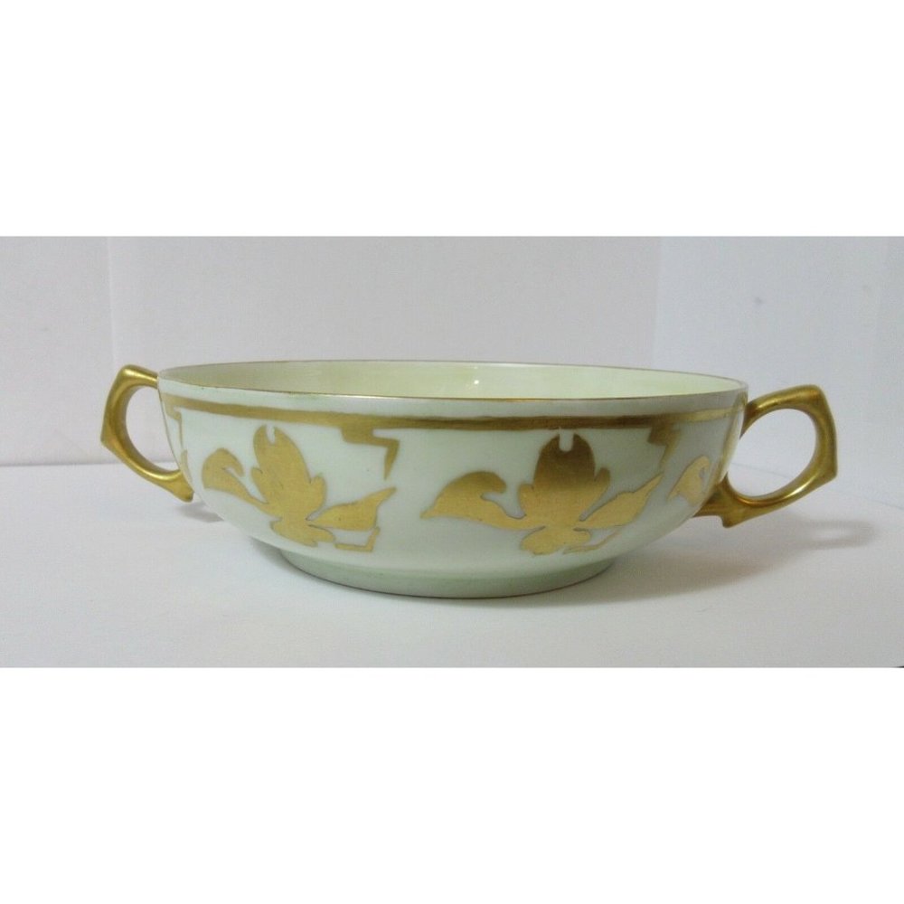 Antique T&V T & V Tresseman & Vogt Limoges France Two Handled Soup Bowl Green